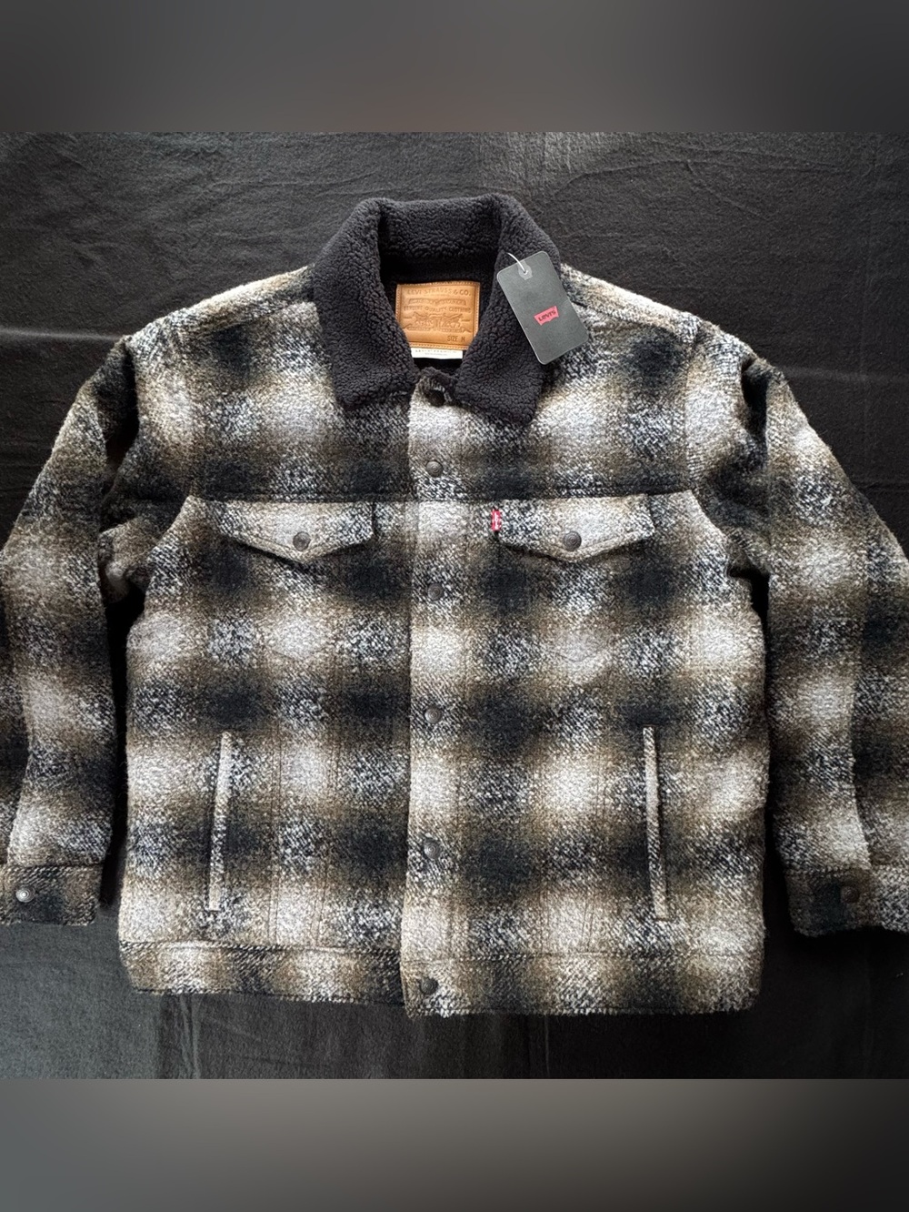 Levi's Men's Black, Gray & White Plaid Sherpa-Trim Jacket